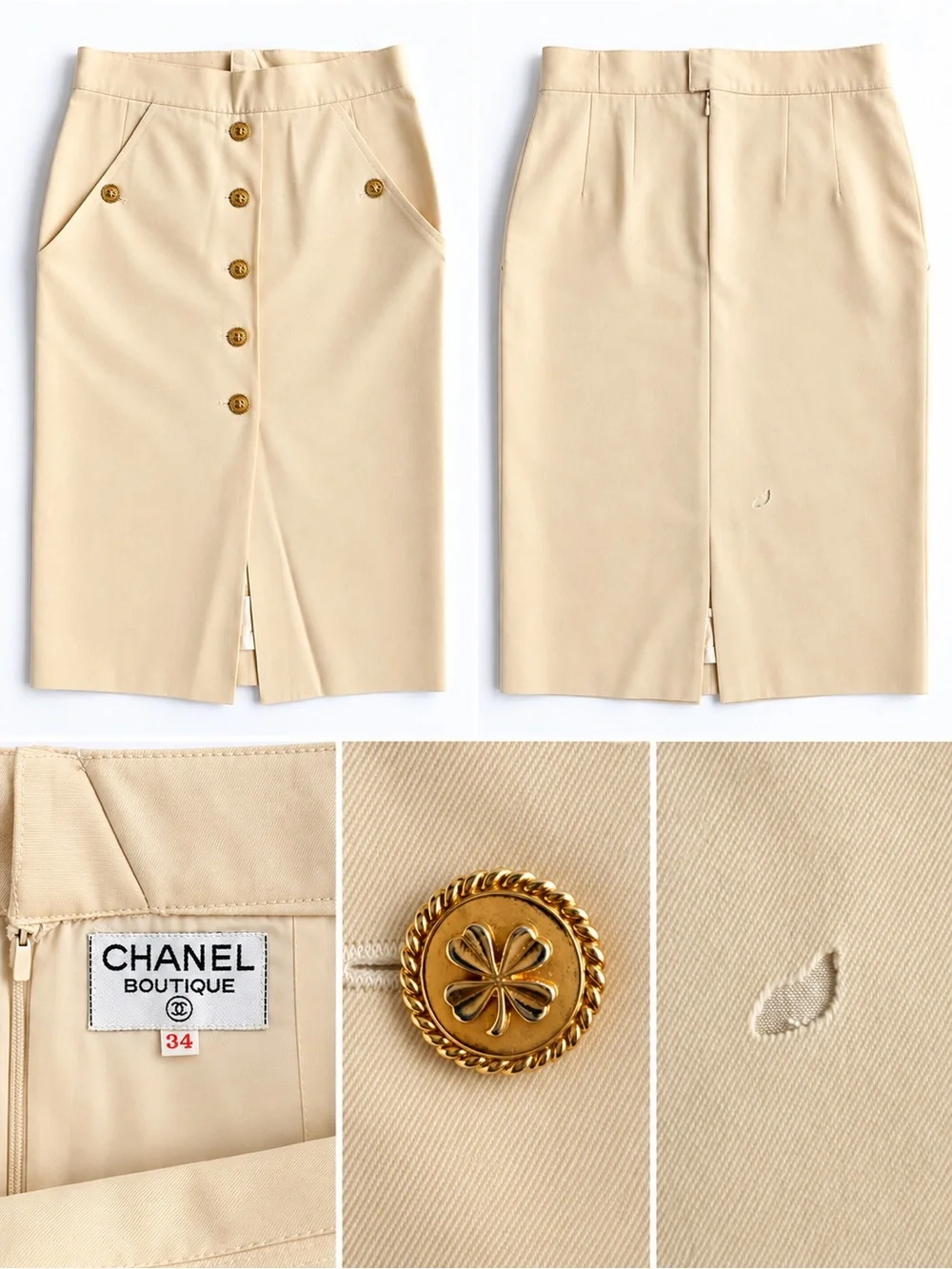 Vintage CHANEL Boutique Cream Pencil Skirt Gold Buttons Size 34